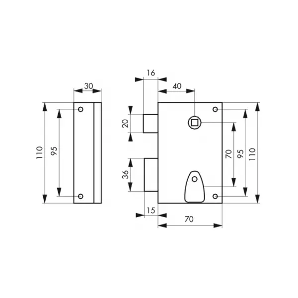 Serrure verticale en applique à clé à fouillot pour porte int., gauche, carré 7mm, axe 40mm, 110x70mm, noir, 1 clés - THIRARD