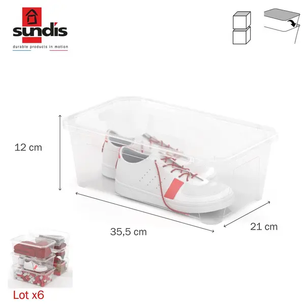 Lot de 6 boîtes plastique transparent SUNDIS, 6L, l.35.5 x P.20.5 x H.12 cm - SUNDIS