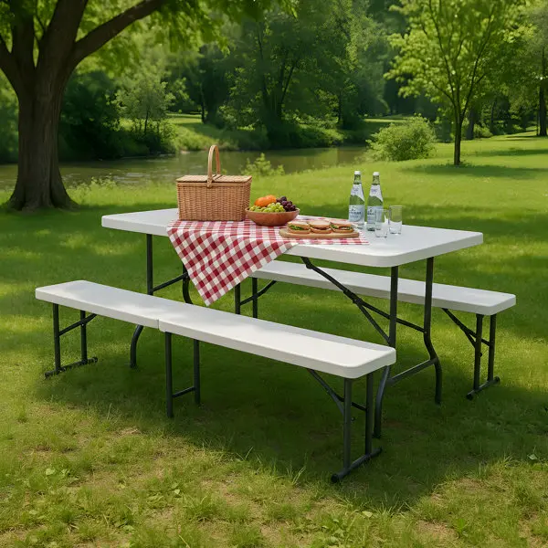 Banc pliant 4 personnes structure acier et assise résine blanche 183 x 30 x 43 cm