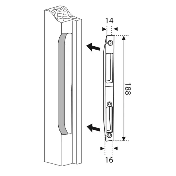 Gâche centrale en applique à tourpiller pour porte bois, gauche, 188x16x14mm, Secury-Europa, E-22867-00-L-1 - FERCO by THIRARD