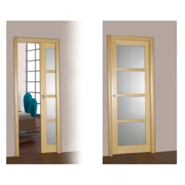 Porte coulissante en Ako à Vernir - LM10 avec 4 carreaux posés satinés - 2040 x 730 mm - avec rainure basse - avec Mortaise - avec entaillage cuvette et tire doigt