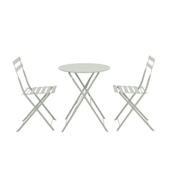 Ensemble pliant 3 pièces vert lichen avec table ronde diamètre 60 cm et chaises en acier