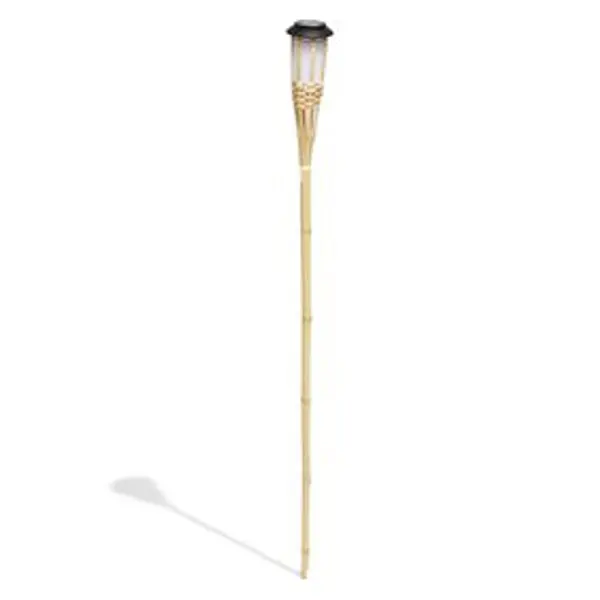 Torche solaire effet flamme 12 LED blanc chaud bambou H120cm