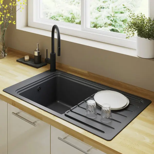 Évier en quartz + égouttoir "Jaurel" noir - 1 cuve