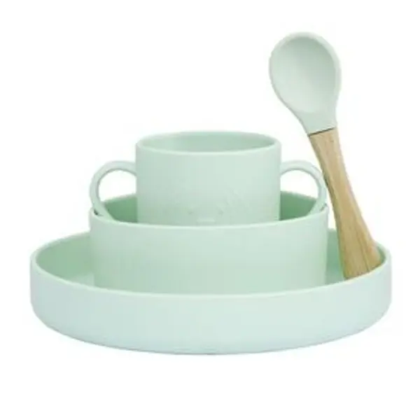 Coffret repas Bébé silicone 4 pièces vert et bois