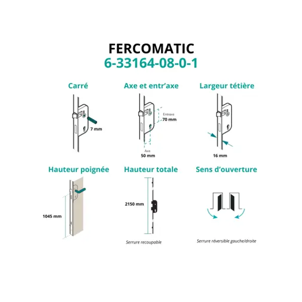 Serrure encastrée Fercomatic à cylindre pour porte d'entrée, axe 50mm, 3pts, H. 2150mm, 6-33164-08-0-1 - FERCO by THIRARD