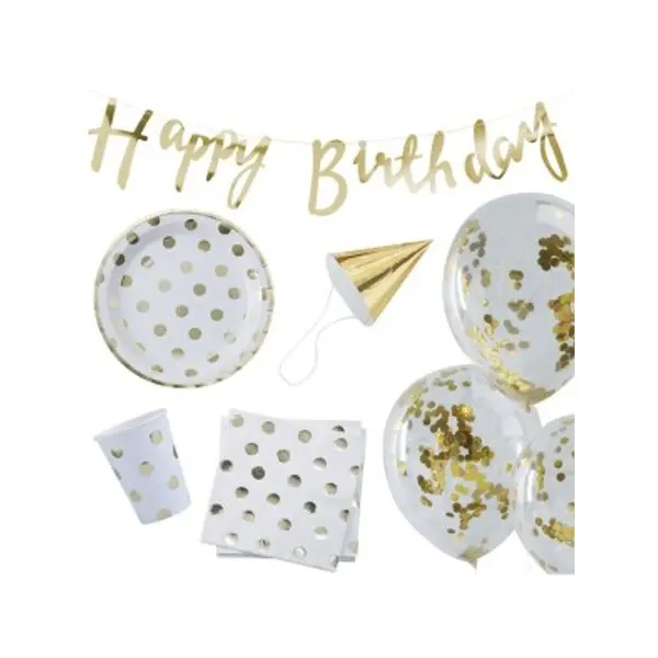 Paquet de fête d'anniversaire en pointillé d'or 70 pièces BO-801