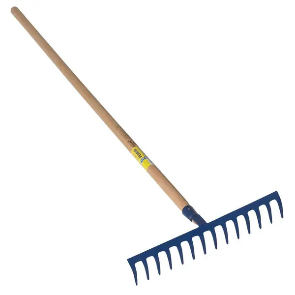Râteau forgé 16 dents courbes manche bois 1,50 m, outil trempé haute résistance, jardin - PERRIN