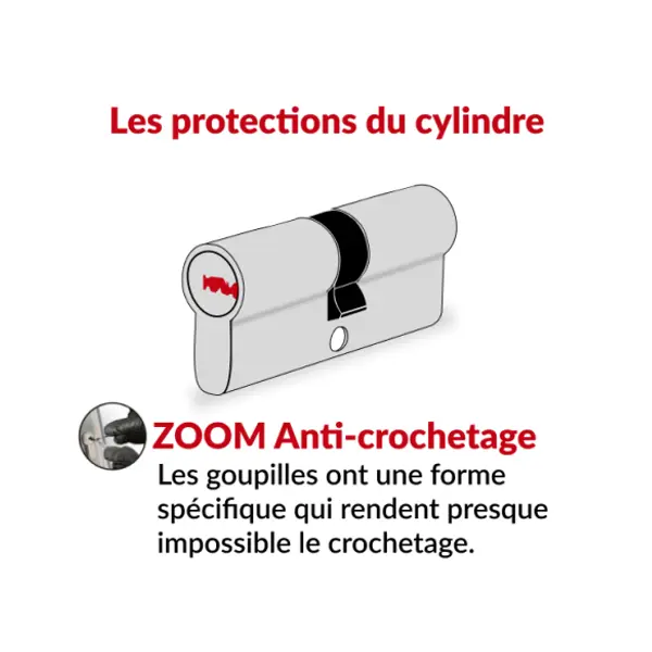 Cylindre de serrure double entrée Trafic 6, 30x70mm, nickel, anti-arrachement, anti-perçage, 5 clés - THIRARD