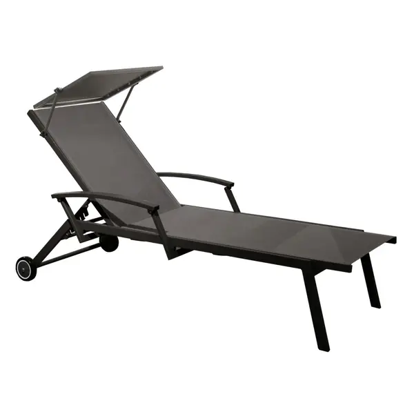 Lit empilable - FLORENCE - Aluminium époxy graphite - Toile TPEP gris - Accoudoirs escamotables - Ombrelle - Roues - PROLOISIRS