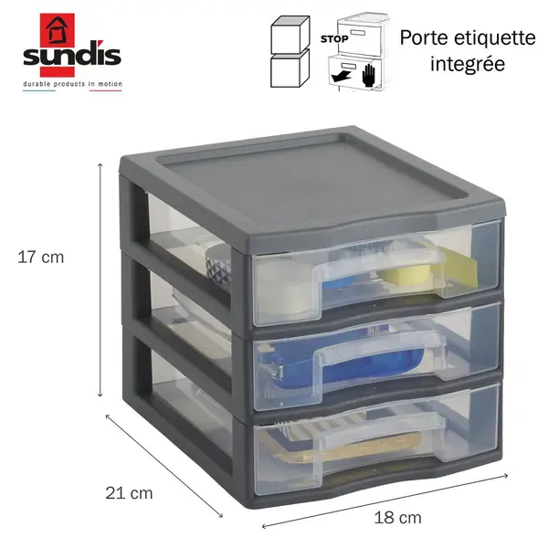 Tour de rangement TAG TOWER A6 SUNDIS, 3 tiroirs, L.21 x l.18 x H.17cm - SUNDIS
