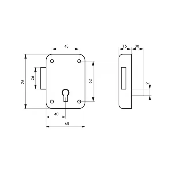 Serrure de meuble Paris pour porte d'ameublement, droite, axe 40mm, 65x70mm, gris, 1 clé - THIRARD