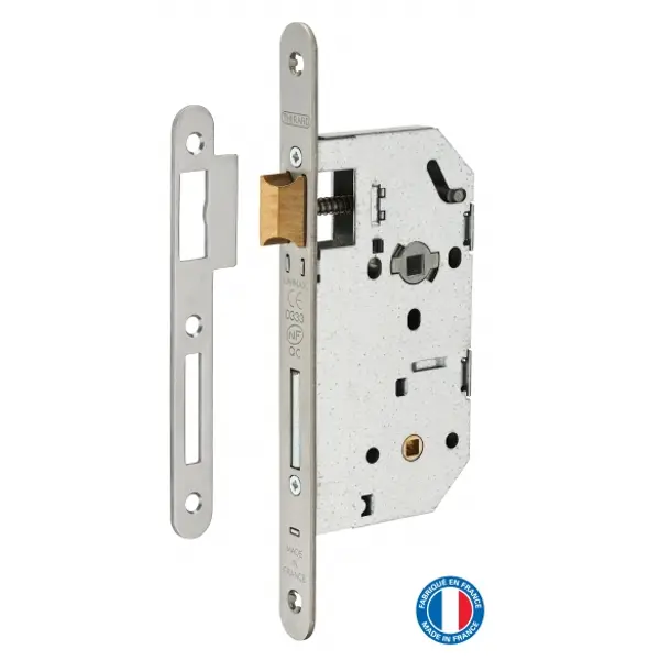 Serrure encastrable Unimax CE NF QC à condamnation pour salle de bain et toilette, axe 50mm, bouts ronds, têtière inox - THIRARD