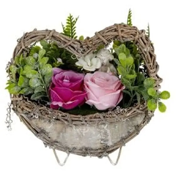 Pot rotin design coeur fleur artificielle