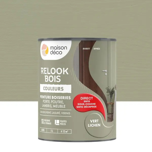 Peinture Relook bois MAISON DECO, vert lichen satine, 1 l - MAISON DECO