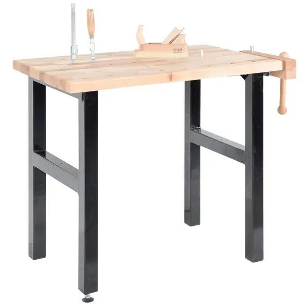 Établi de bricolage 1000 mm avec étau - Plateau hêtre massif et pieds acier - Pinié