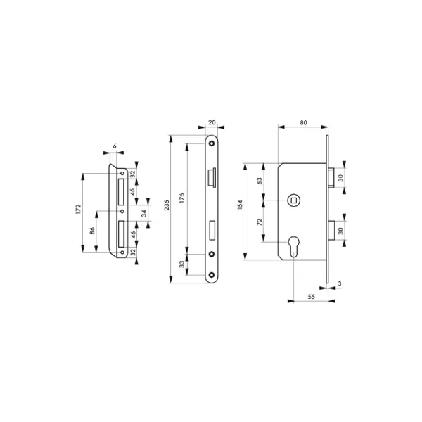 Boitier de serrure encastrable à cylindre pour porte d'entrée, gauche, axe 55mm, bouts ronds - THIRARD
