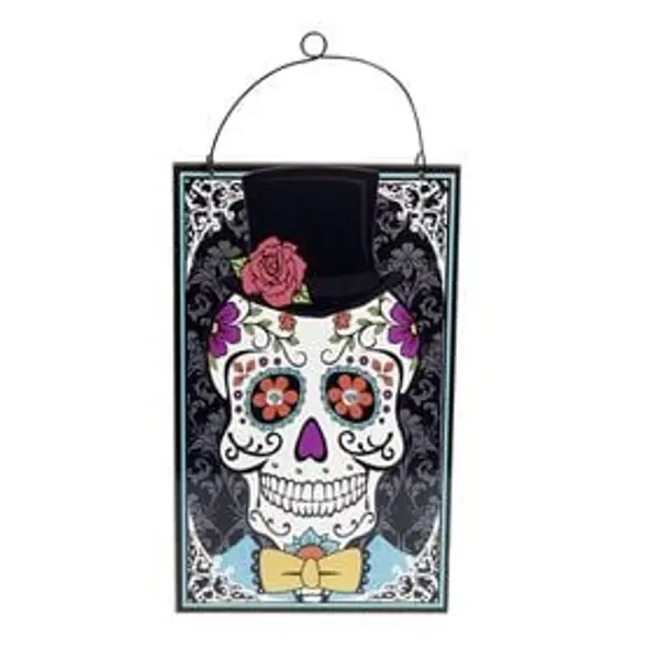 Pancarte Dia de los muertos tête de mort mexicaine à suspendre métal