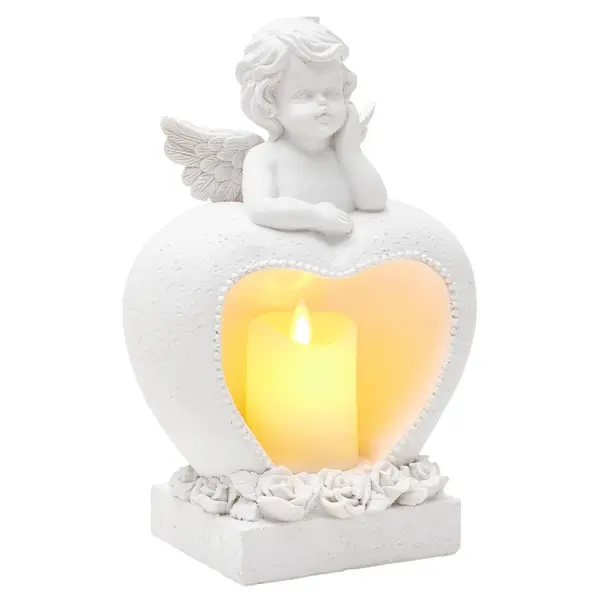 Décoration ange et coeur funéraire avec bougie LED flamme vascillante