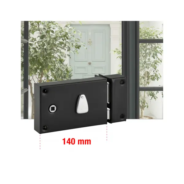 Serrure horizontale en applique 6 gorges à fouillot pour entrée, droite, axe 56mm, carré 7mm, 140x88mm, noir, 2 clés - THIRARD