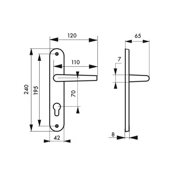 Ensemble de poignées pour porte d'entrée Dionysos trou de cylindre, carré 7mm, entr'axes 195mm, laitonné - THIRARD