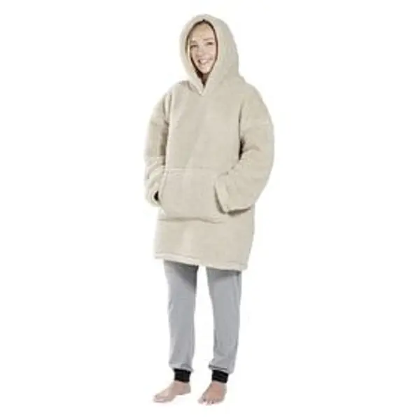 Pull plaid adulte polaire à capuche - beige ou blanc