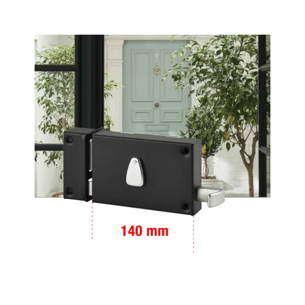 Serrure horizontale en applique 6 gorges à tirage pour entrée, gauche, axe 64mm, carré 7mm, 140x88mm, noir, 2 clés - THIRARD
