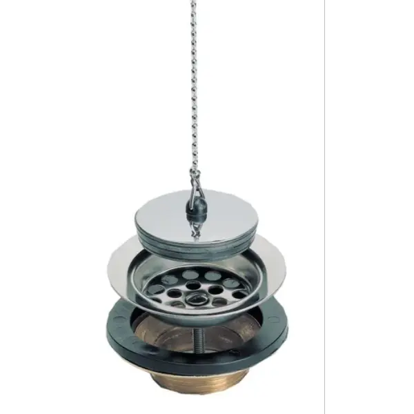 Bonde Laiton évier grès/synthèse avec grille inox, bouchon et chaînette Ø84 - percage 60mm