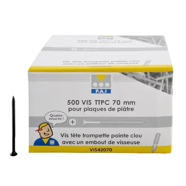 Vis pour plaque de plâtre - Tête trompette pointe clou - Empreinte Philips 4,2x70 - boite de 500