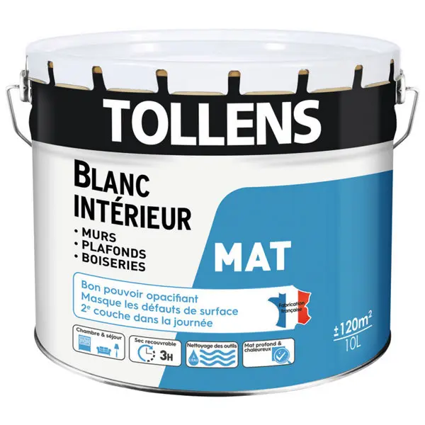 Peinture bicouche murs, plafonds et boiseries intérieure acrylique mat blanc 10 L
