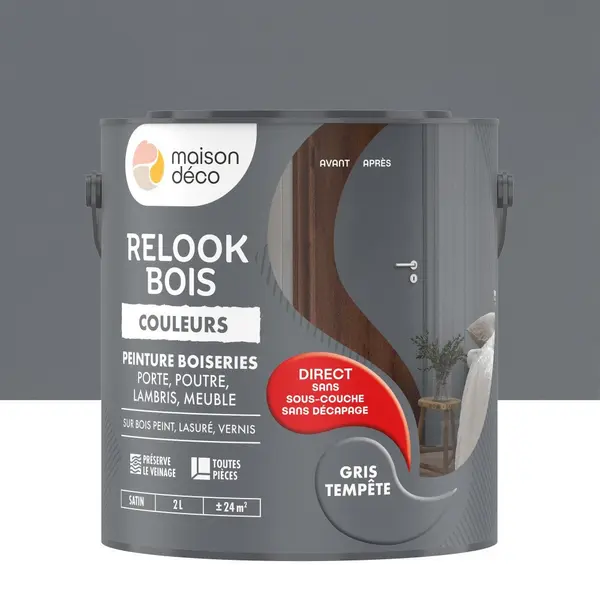 Peinture Relook bois MAISON DECO, gris tempete satine, 2 l - MAISON DECO