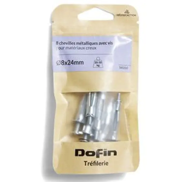 8 chevilles métalliques pour matériaux creux avec vis - Ø8x24 mm