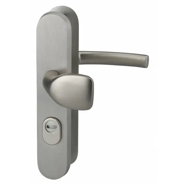 Ensemble de poignées de sécurité palière pour porte d'entrée, béquille et aileron , entr'axes 216mm, anodisé inox - THIRARD