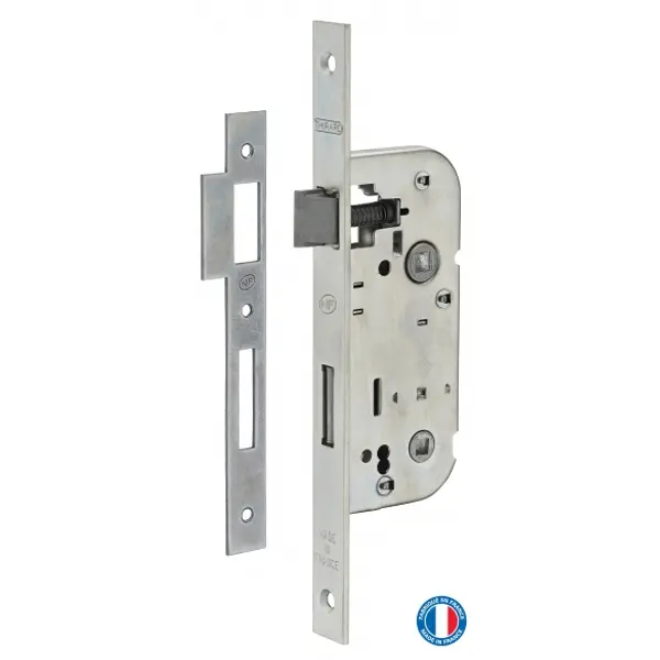 Serrure encastrable NF à condamnation pour salle de bain et toilette, axe 40mm, bouts carrés, zingué - THIRARD