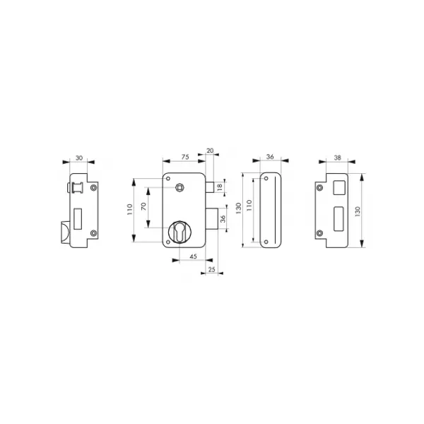 Boitier de serrure verticale en applique double entrée à fouillot pour portail, droite, axe 45mm, 75x130mm, noir - THIRARD
