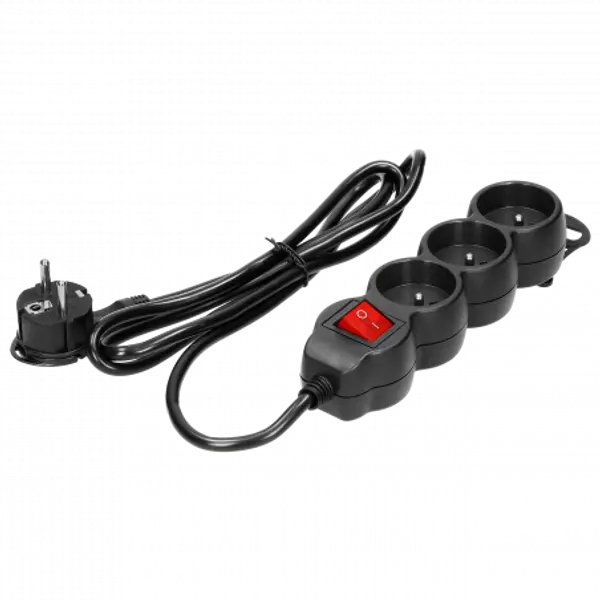 Multiprise noire 3 prises 2P+T 16A 230V avec interrupteur lumineux + cordon 3G1mm² longueur 1,5m