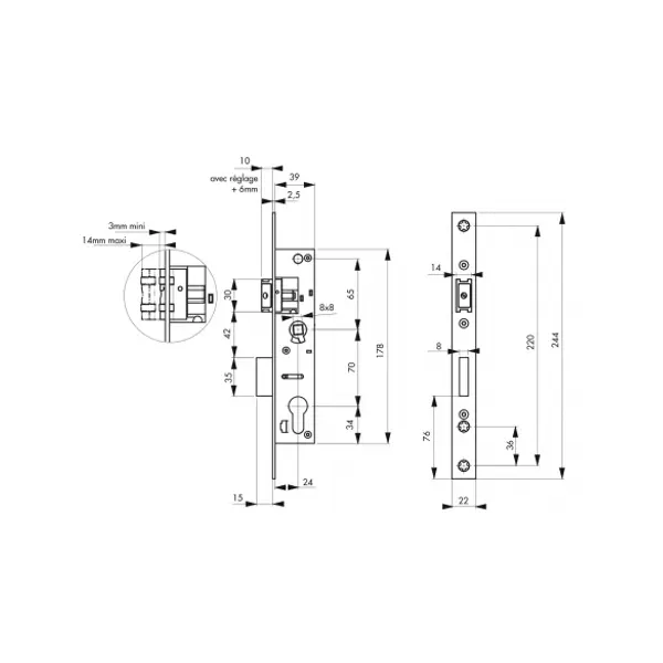 Boitier de serrure encastrable à cylindre pour menuiserie métallique, axe 24mm, zingué, bouts carrés - THIRARD