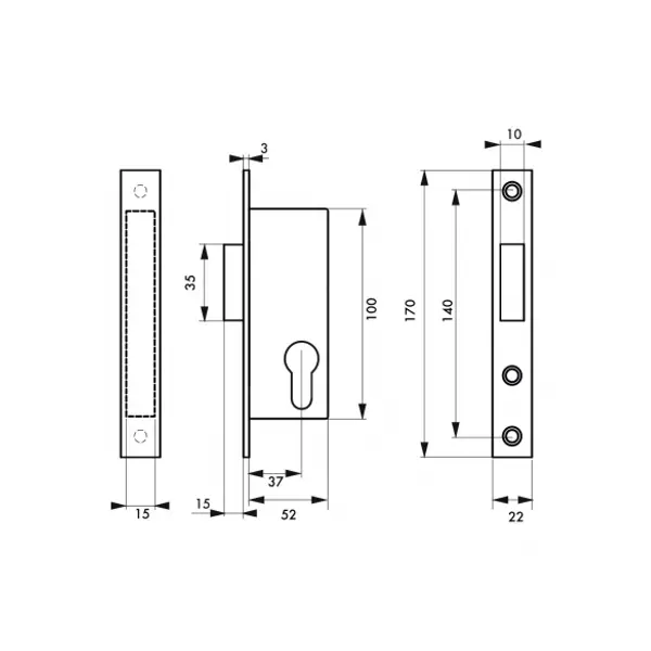 Boitier de serrure encastrable à cylindre pour porte d'entrée, axe 37mm, bouts carrés, pêne dormant seul - THIRARD