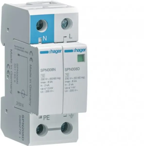 SPN208D Hager - Parafoudre bipolaire de type 2 - 8 kA - report de signalisation