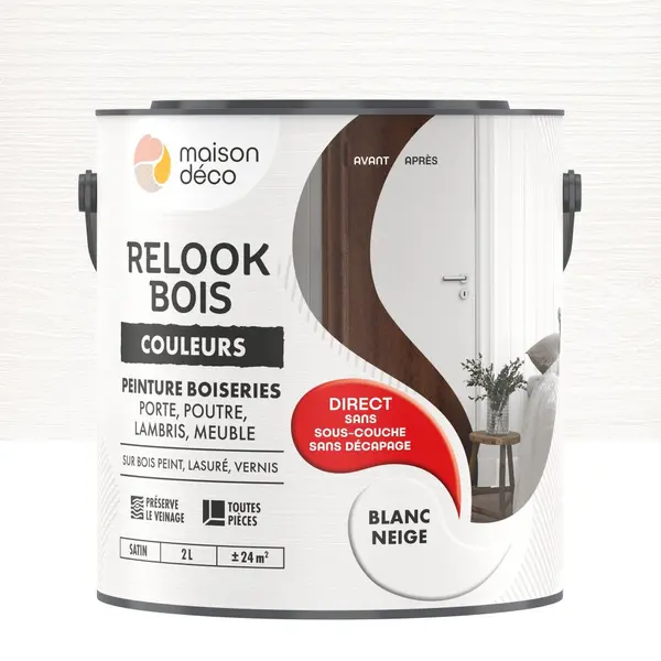 Peinture Relook bois MAISON DECO, blanc neige satine, 2 l - MAISON DECO