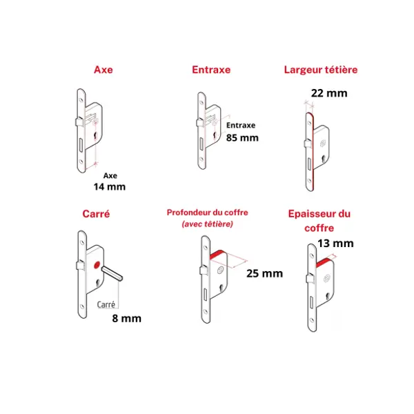 Serrure encastrable pour porte d'entrée avec cylindre en 30x30mm, axe 14mm, 3 clés - THIRARD