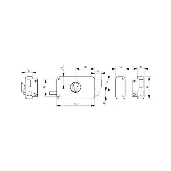 Boitier de serrure horizontale en applique double entrée à tirage pour entrée, droite, axe 70mm, 140x88mm, noir - THIRARD