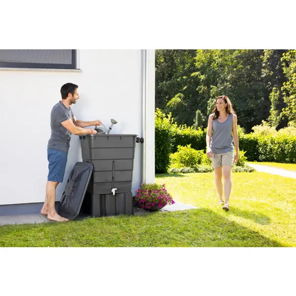 Récupérateur d'eau rectangulaire 300 L gris avec couvercle et robinet