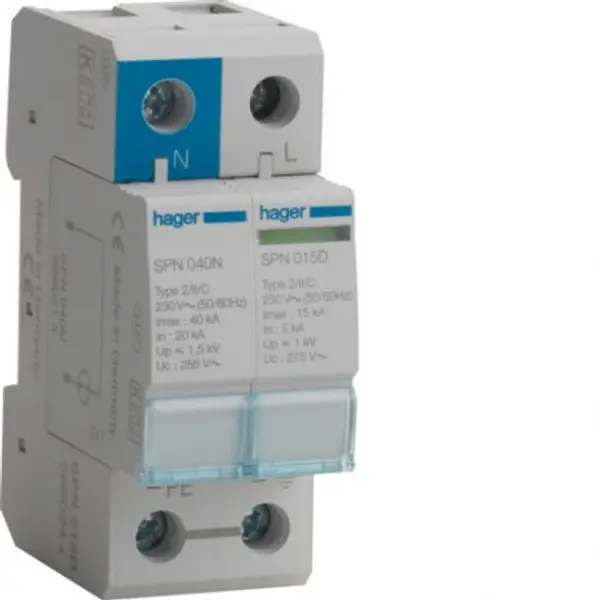 SPN215D Hager - Parafoudre bipolaire de type 2 - 15 kA - report de signalisation