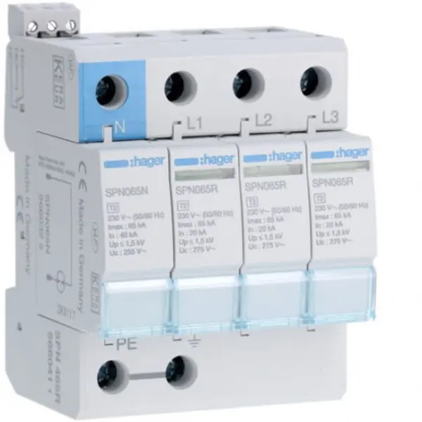 SPN465R Hager - Parafoudre tétrapolaire de type 2 - 65 kA - report de signalisation