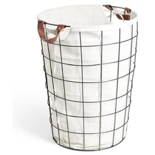 Panier à linge 48L métal noir et tissu blanc