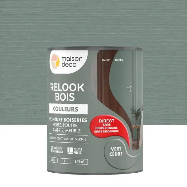 Peinture Relook bois MAISON DECO, vert cedre satine, 1 l - MAISON DECO