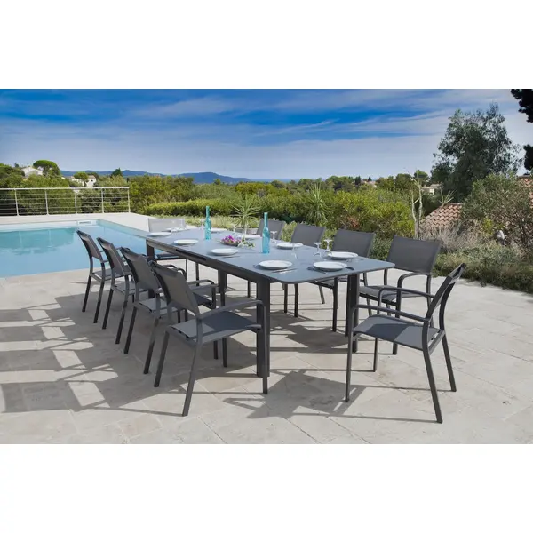 Table de jardin extensible - Milos - aluminium anthracite - plateau verre texturé grisé anti-rayures - 8 à 10 personnes - Jardiline