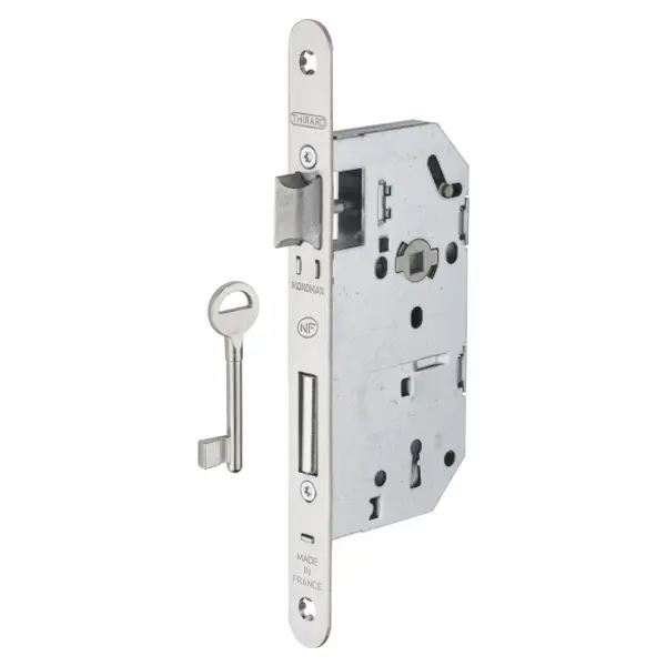 Serrure encastrable Monomax NF à clé pour porte de chambre, axe 50mm, bouts ronds, têtière inox, 1 clé - THIRARD