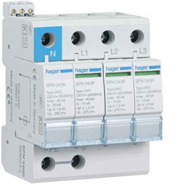 SPN440R Hager - Parafoudre tétrapolaire de type 2 - 40 kA - report de signalisation